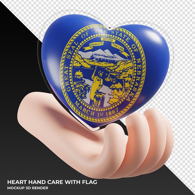 PSD nebraska flag with heart hand care realistic 3d textured