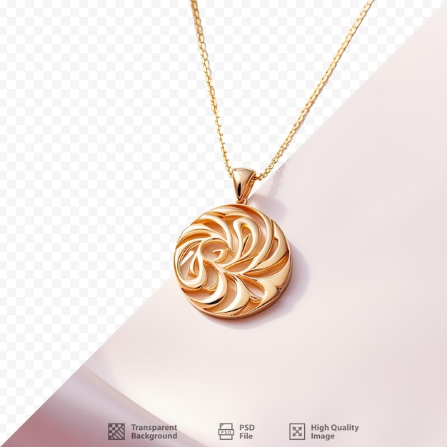 A necklace with a gold flower on it is on a white background.