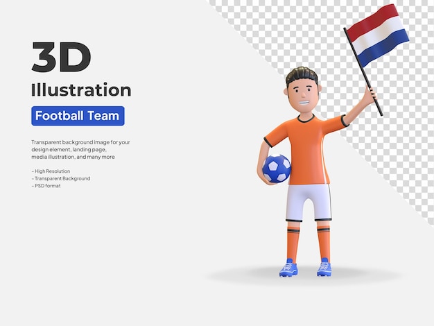 PSD nederland voetballer karakter man met bal en land vlag 3d render illustratie