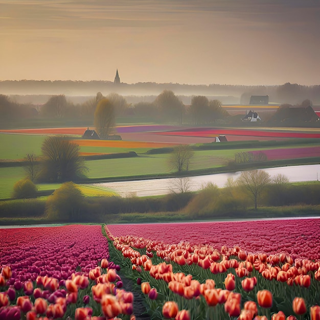 PSD nederlands landschap met tulpenvelden