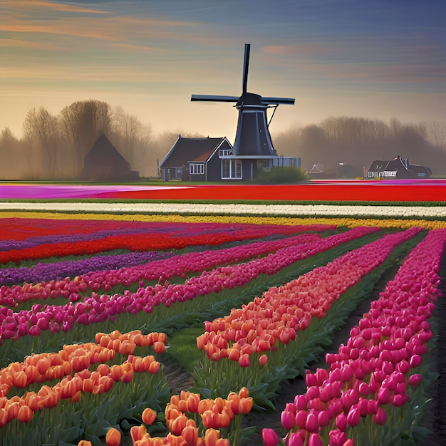 PSD nederlands landschap met tulpenvelden