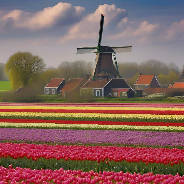 PSD nederlands landschap met tulpenvelden