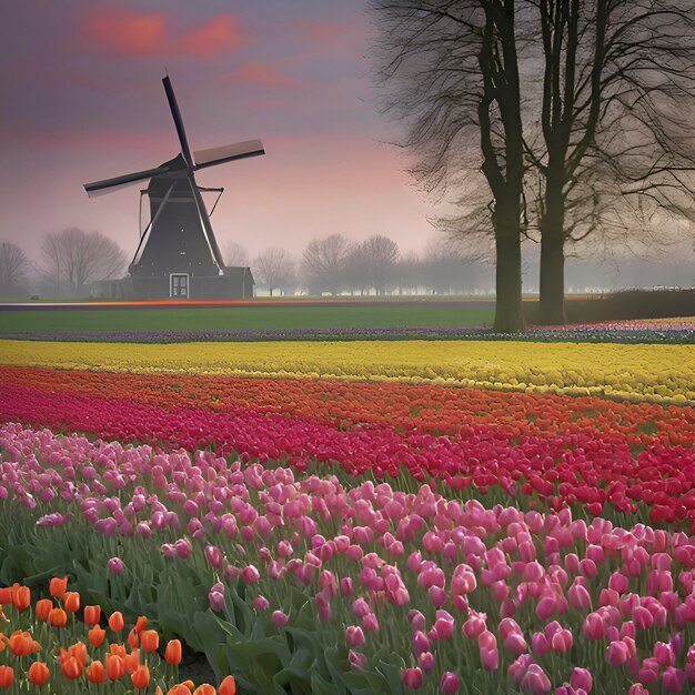 PSD nederlands landschap met tulpenvelden