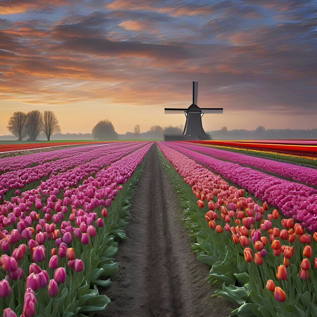 PSD nederlands landschap met tulpenvelden