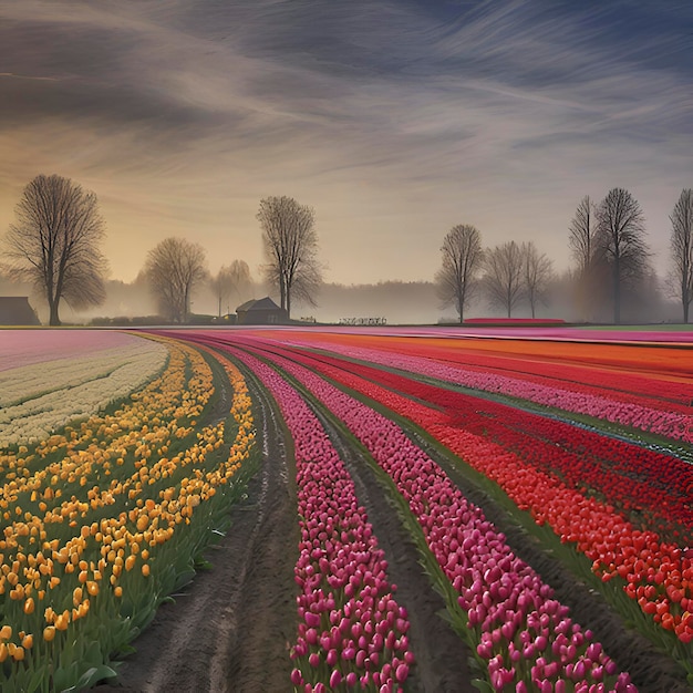 PSD nederlands landschap met tulpenvelden