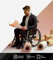 PSD need to live a man in a black wheelchair sits in front of a pink wall wearing a white and gray shirt and black pants he holds a white paper in his hand and png