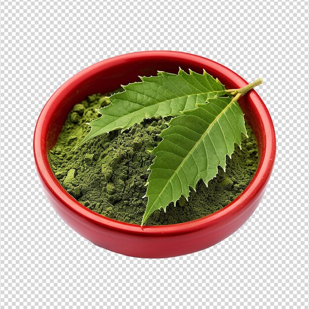 PSD neem leaves powder in red bowl isolated on transparent background