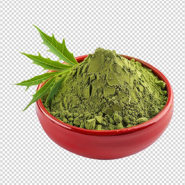 Neem leaves powder in red bowl isolated on transparent background