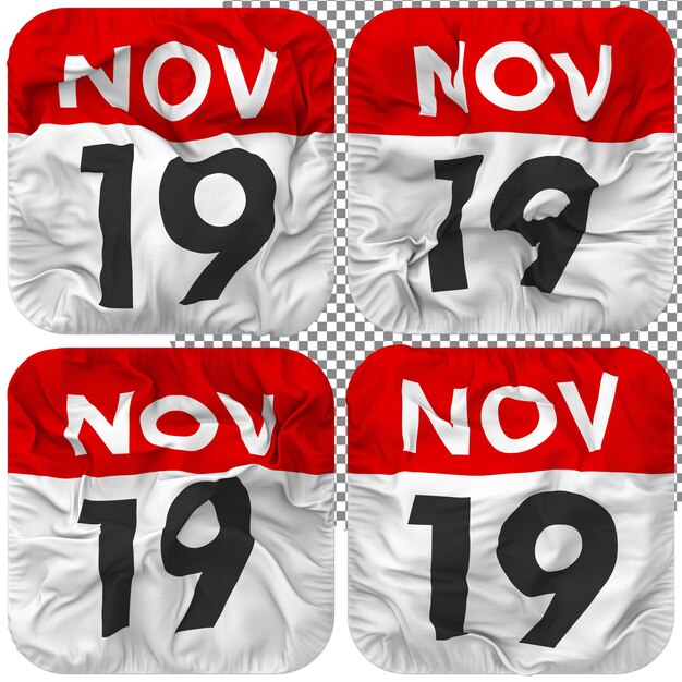 PSD negentiende 19 november datum kalender icoon geïsoleerd vier zwaaiende stijl bump textuur 3d rendering