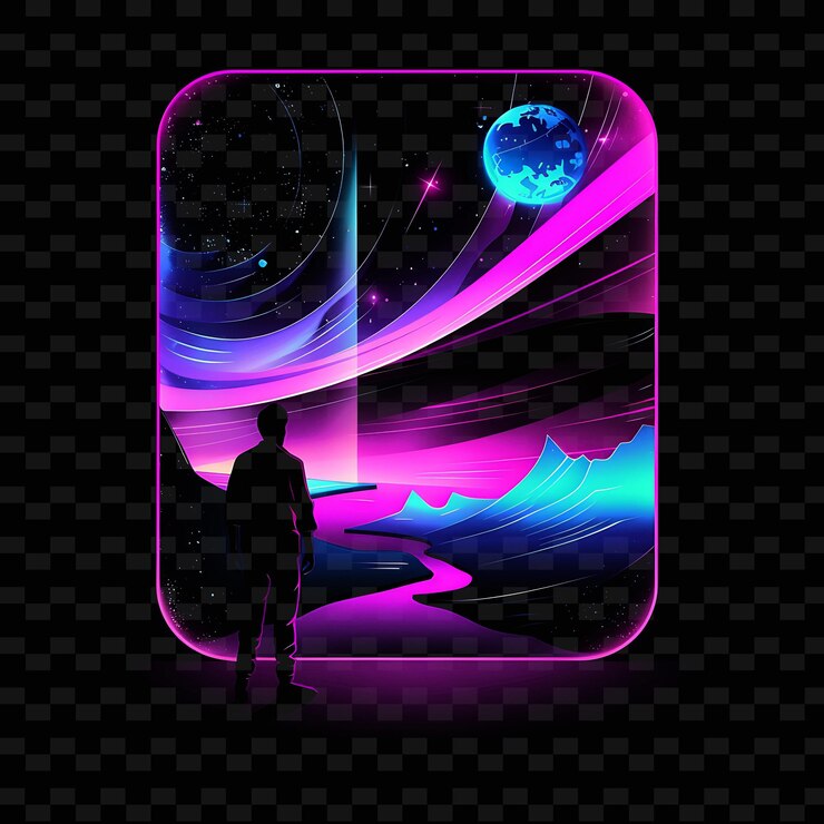 PSD neon abstract effect with a candidate at a modern art museum neon line art landscape background