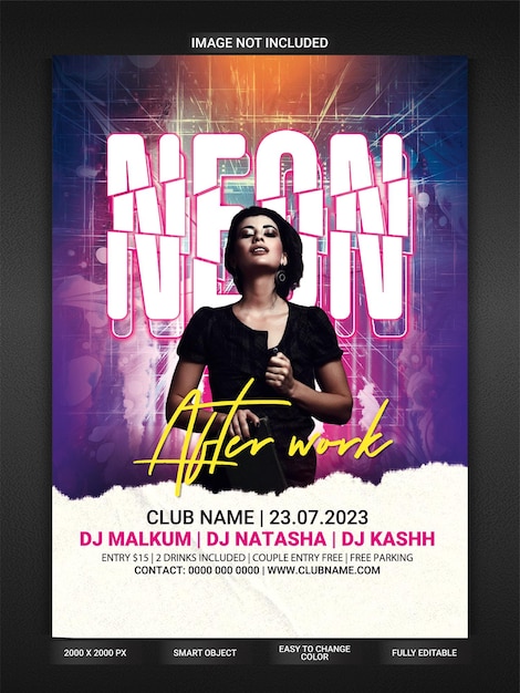 Modello di volantino per feste al neon dopo il club di lavoro