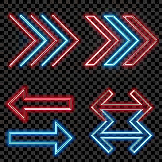 Neon Arrows in Red and Blue Directional Set Isolated Transparent Background PNG