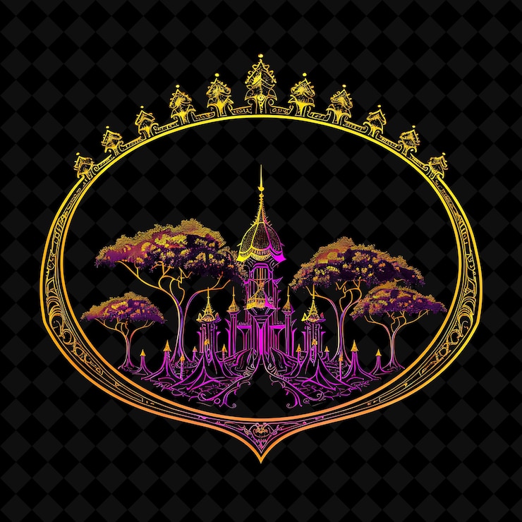 PSD neon baroque forest inside a silhouette crown landscape show png neon artistic landscape