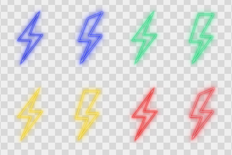 PSD neon blue green yellow lightning bolt glowing symbol on transparent background electric power line