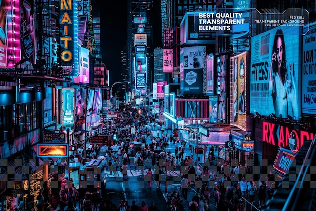 neon city streets with vibrant signs and bustling crowds on transparent background