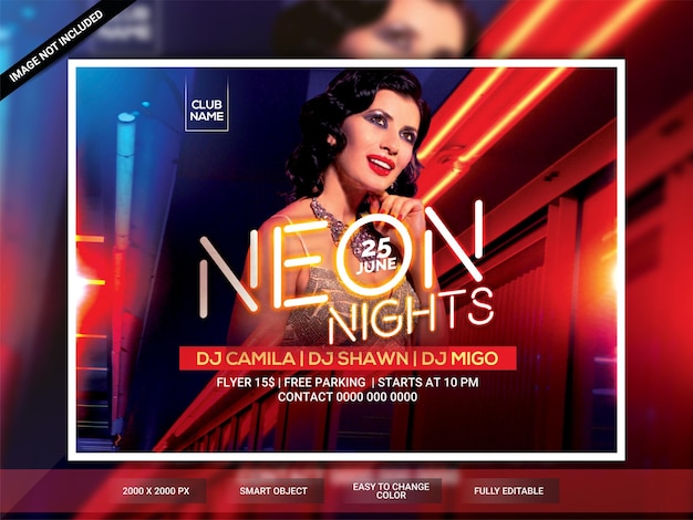 PSD neon club night horizontal party flyer