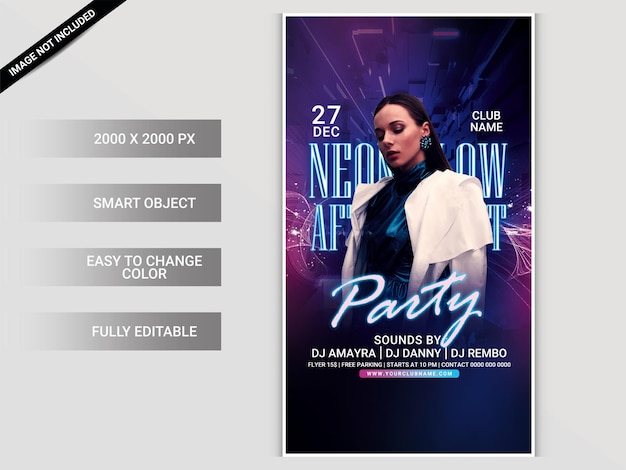 PSD neon club night party flyer of social media postsjabloon