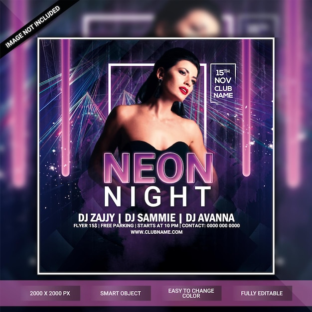 PSD neon club night party flyer or social media post