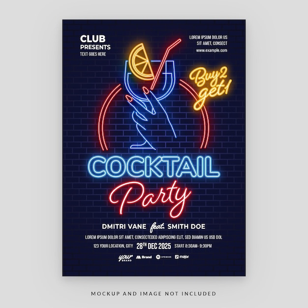 Шаблон флаера Neon Cocktail Night Party в PSD