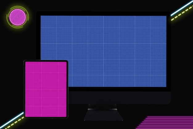 Неоновый компьютер и планшетный макет
