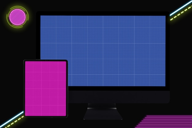 Neon computer and tablet mockup