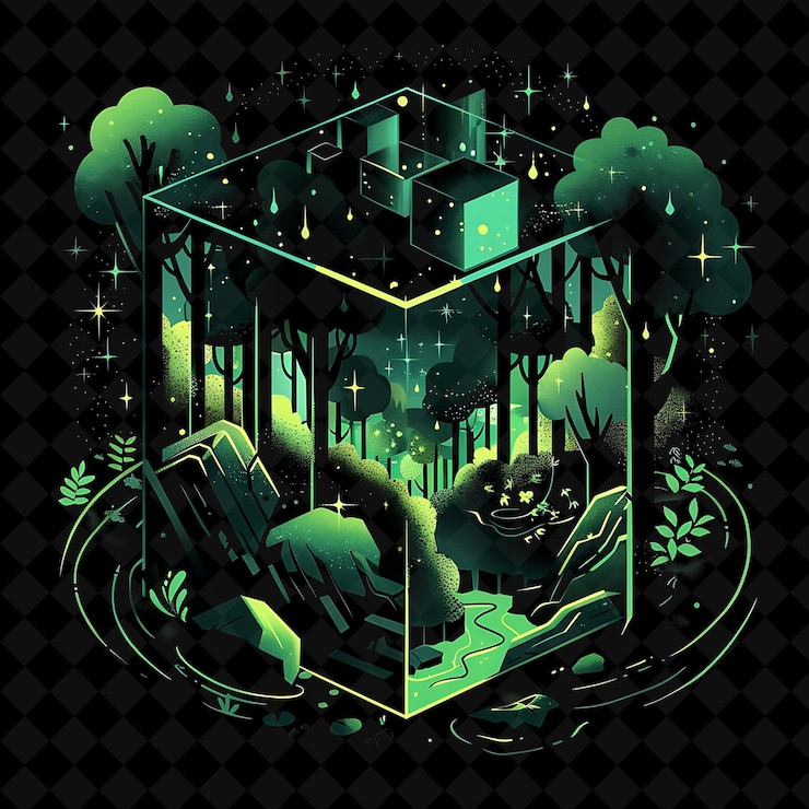 PSD neon cubist forest inside a silhouette cube landscape showca png neon artistic landscape