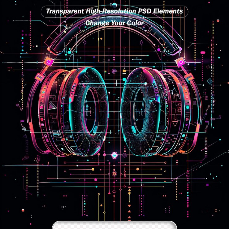 PSD neon cyber dj or robot head with outline electronic headphones wireframe