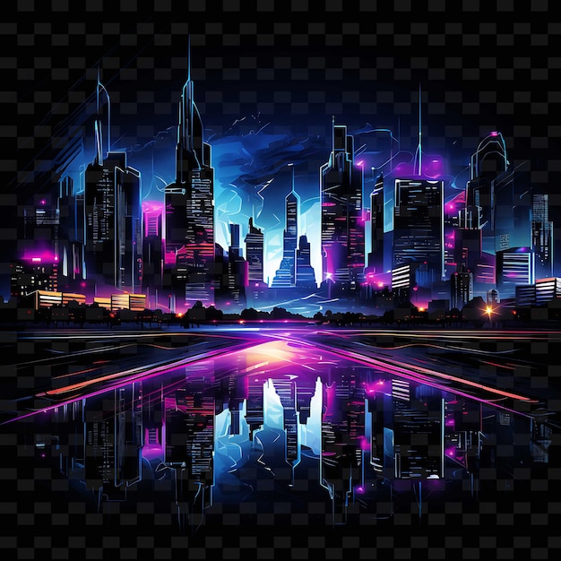 PSD neon cyberpunk citycyberpunk pejzaż miejski lineshigh tech buildi png y2k kształty przezroczyste sztuki świetlne