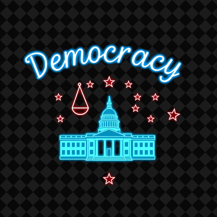 PSD neon democracy matters text in electric blue and bright white with glowing borders classic democr
