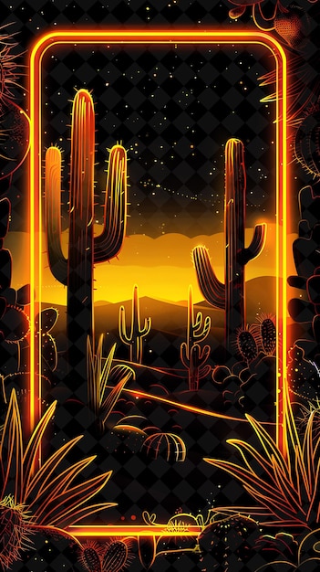 PSD neon desert arcane frame with cacti and desert landscapes en neon color frame y2k art collection