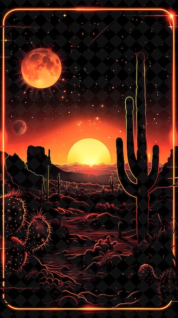 PSD neon desert arcane frame with cacti and desert landscapes en neon color frame y2k art collection