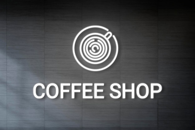 Logo in rilievo al neon mockup psd per caffetteria