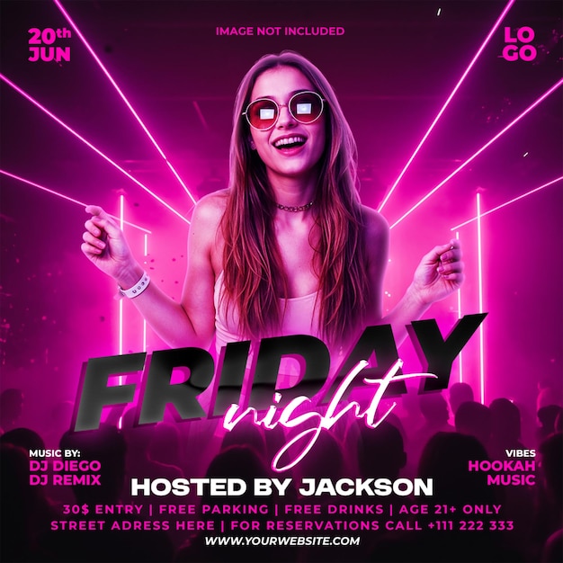 Neon Friday Night Party Flyer PSD Template Club Event DJ Music Glow Lights Modern Design