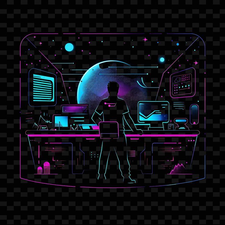 PSD neon futuristic effect with a candidate at a tech conference neon line art landscape background