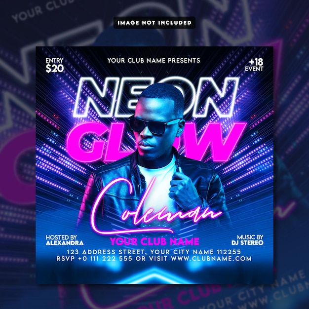 PSD neon glow flyer party social media post banner template