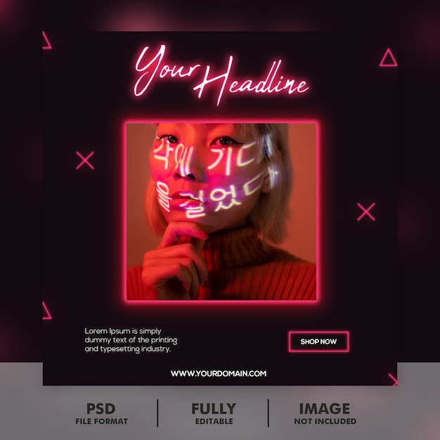 Neon glow instagram social media template with text effect