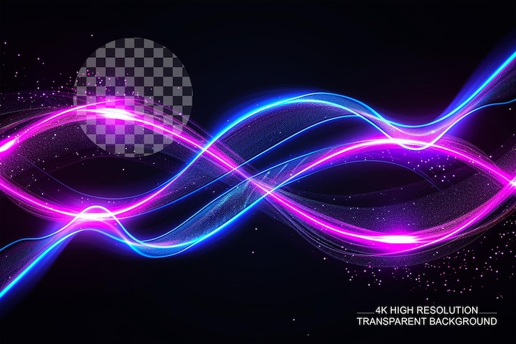 PSD neon glowing swirl wave electric light effect purple hues on transparent background