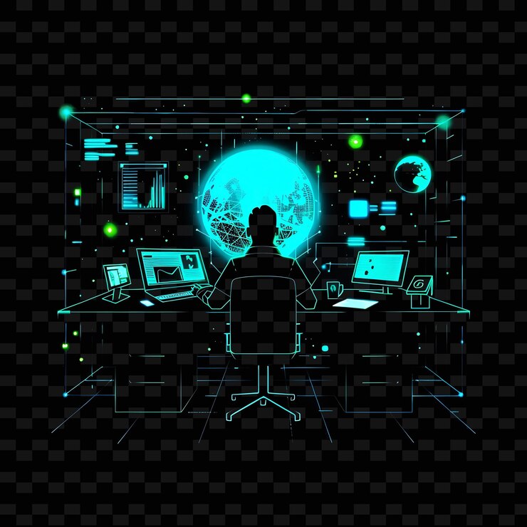 PSD neon holographic effect with a candidate at a sci fi scene l neon line art landscape background