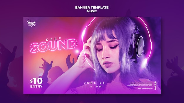 PSD neon horizontale banner voor elektronische muziek met vrouwelijke dj