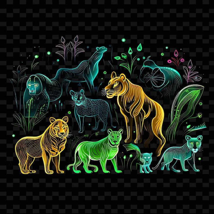 PSD neon jungle adventure jungle themed lines exotic animals tro png y2k shapes transparent light arts