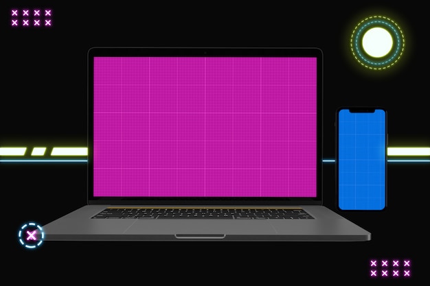 Neon laptop and mobile mockup