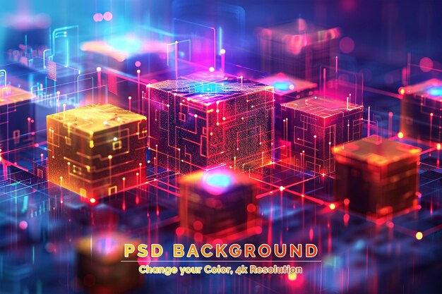 PSD neon light blockchain technology information block in the volumetric composition