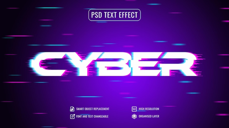 PSD neon light glitch cyber tech text effect editable psd template