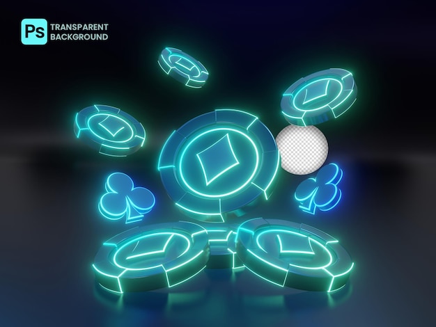 PSD neon light poker chips icons with transparent background