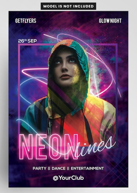 PSD neon lines dj night dance club dj music night flyer design