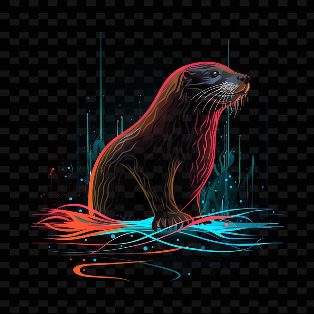 PSD neon lines otter river adventure flowing neon lines fish webbed feet on y2k shapes psd gradients