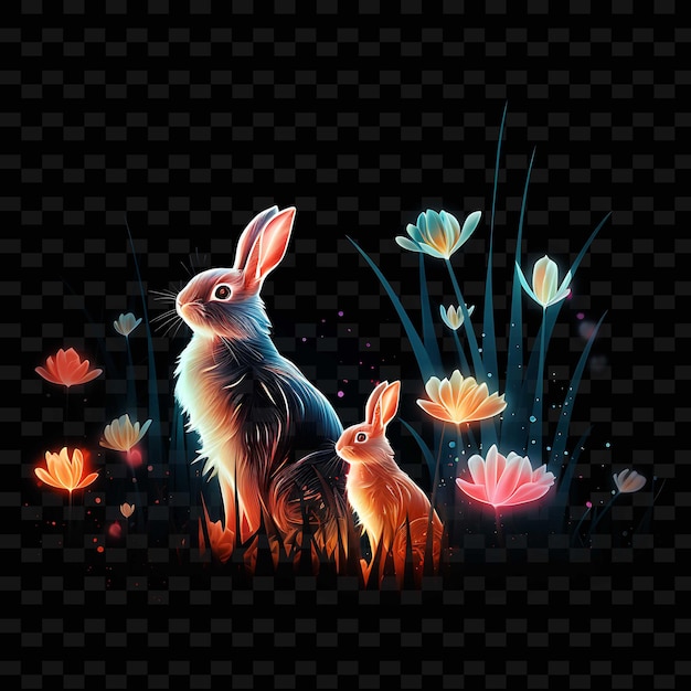 PSD neon lines rabbit springtime meadow flowing neon lines carrots long ear y2k shapes psd gradients