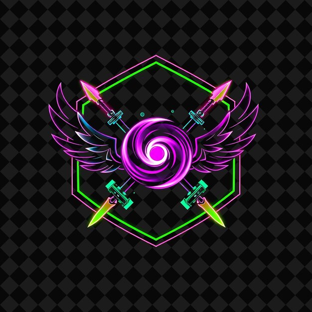 Neon Lit Plasma Within a Hexagonal Badge Decorated With Dual Swords Gears and Mechanical Wings Neo