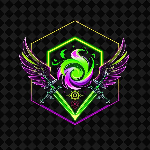Neon Lit Plasma Within a Hexagonal Badge Decorated With Dual Swords Gears and Mechanical Wings Neo