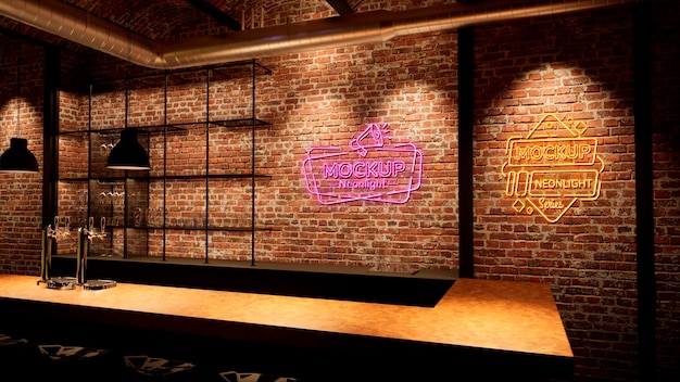 PSD neon logo mock-up on brick wall